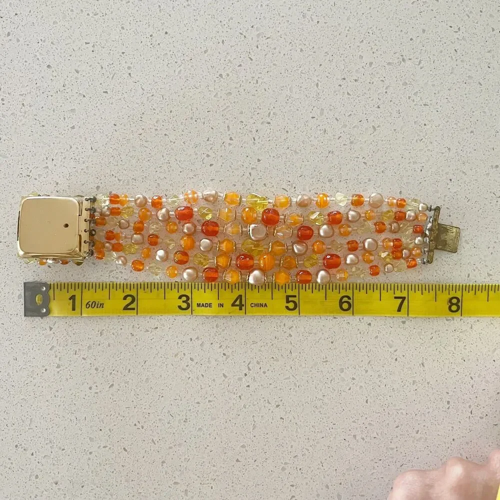Braclet Orange Confetti Beaded 1950s 1960s Brass Color Clasp Cuff Layered‎